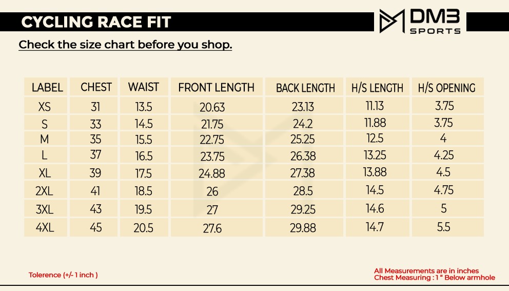 Racefit cycling Size chart