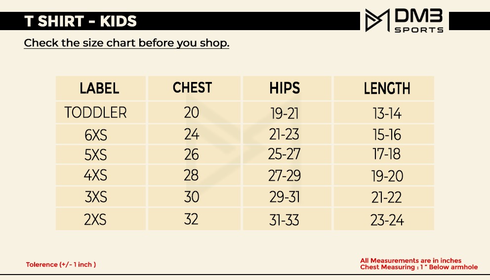 Size Chart of Kids Football Jersey