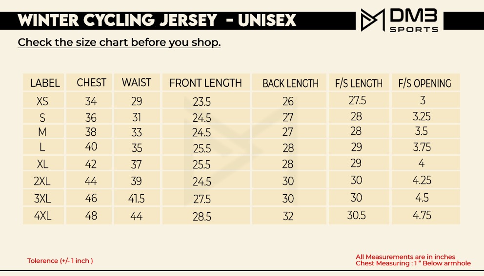 Winter Cycling Jersey Size Chart