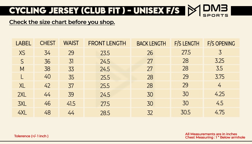 Cycling Club fit jersey Size Guide